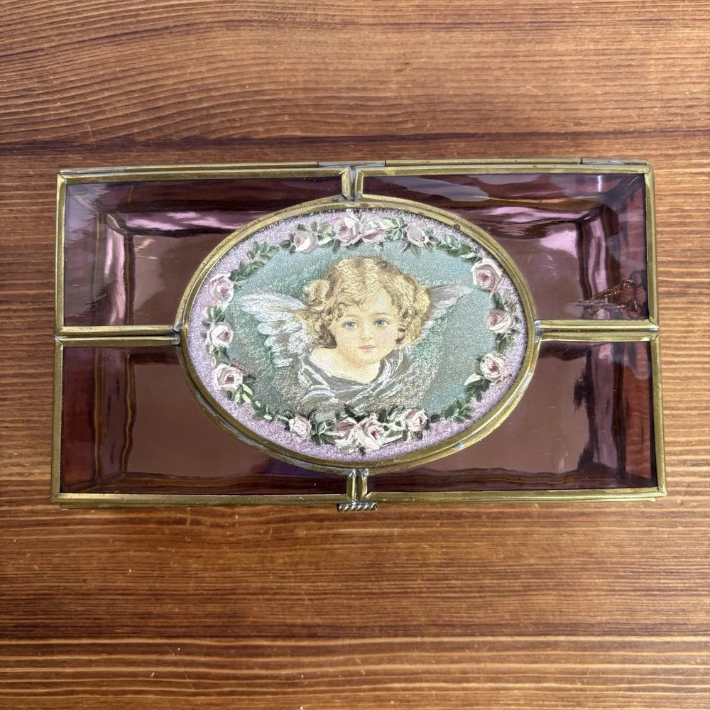 Enesco Amethyst Pink Stained Glass Jewelry Box Cherub Angel Roses Trinket Box